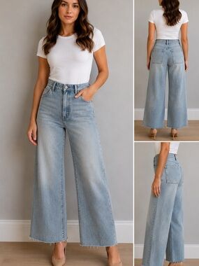 Lucky Brand Wide Leg Cropped Jeans 26 Light Wash Raw Hem Tencel Blend High Waist